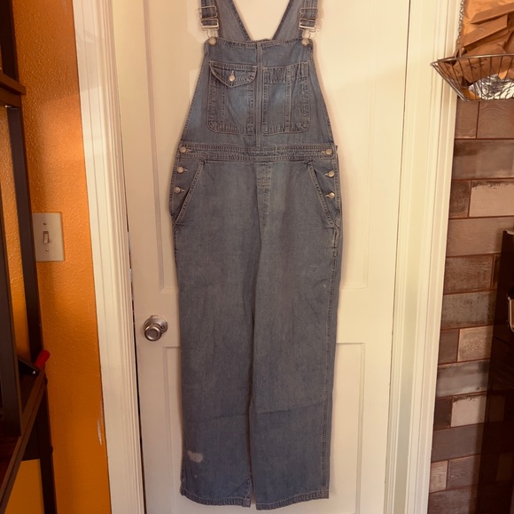 👖🚨 2 for $30 Y2K Time Machine | GAP Denim Overalls w/ Distressed Patch (Men’s L) - Picture 1 of 10